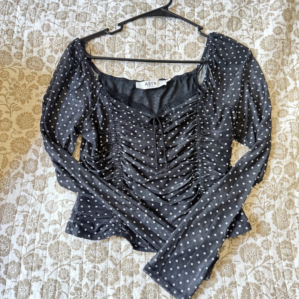 ASTR the label Black Polka Dot Ruched Long Sleeve Top mesh